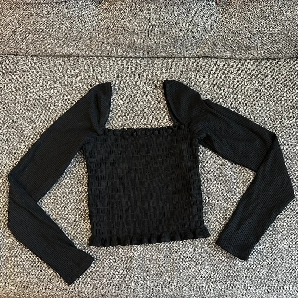 Reformation Black Smocked Long-Sleeve Square Neck Top